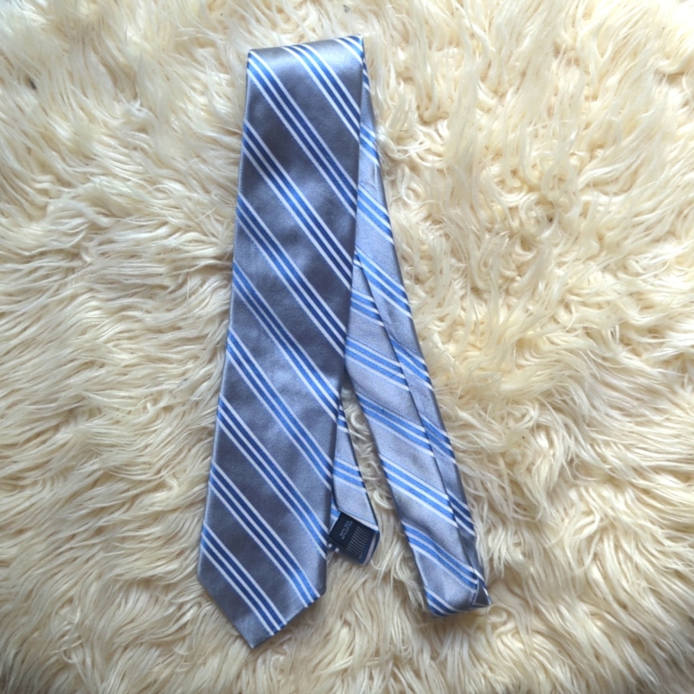 NORDSTROM Metallic Silver and Blue Striped  Silk Cotton Tie